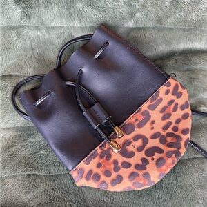 Leopard Print Black Leather Drawstring Bag